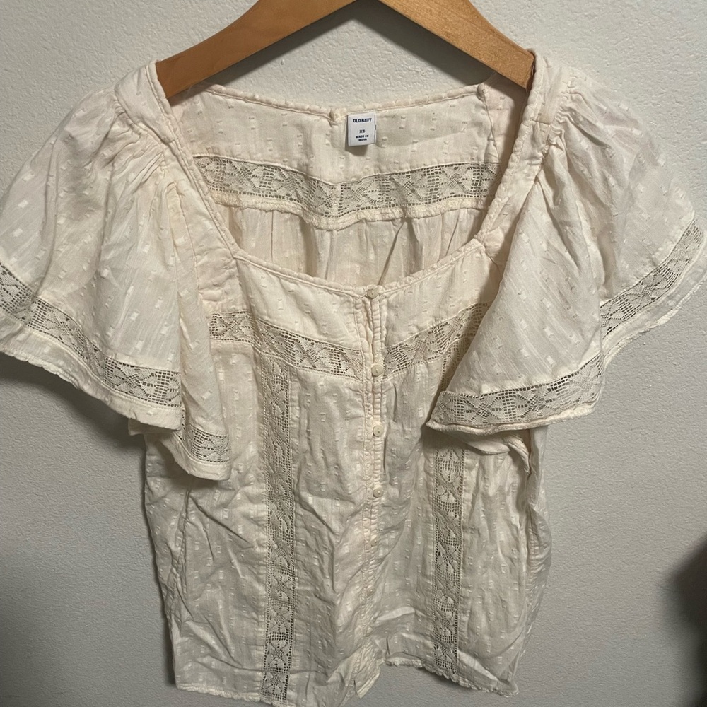Old Navy Cream Blouse with‎ Lace Accents